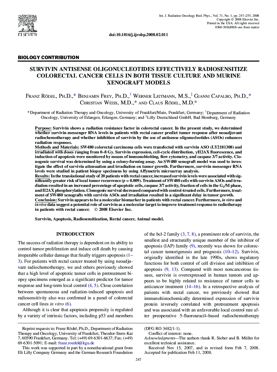 Survivin Antisense Oligonucleotides Effectively Radiosensitize Colorectal Cancer Cells in Both Tissue Culture and Murine Xenograft Models