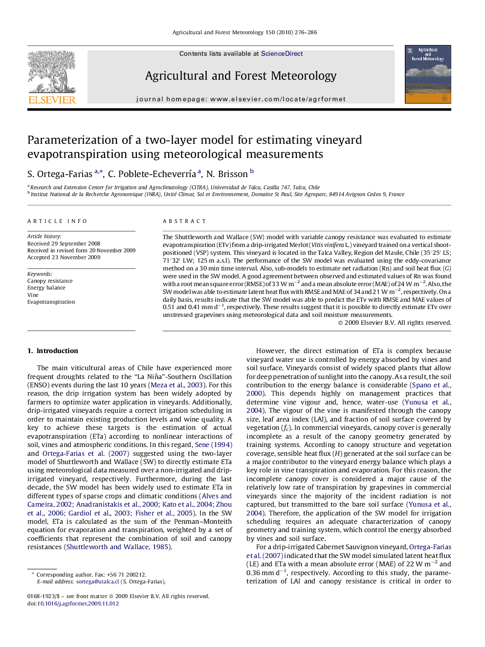Parameterization of a two-layer model for estimating vineyard evapotranspiration using meteorological measurements