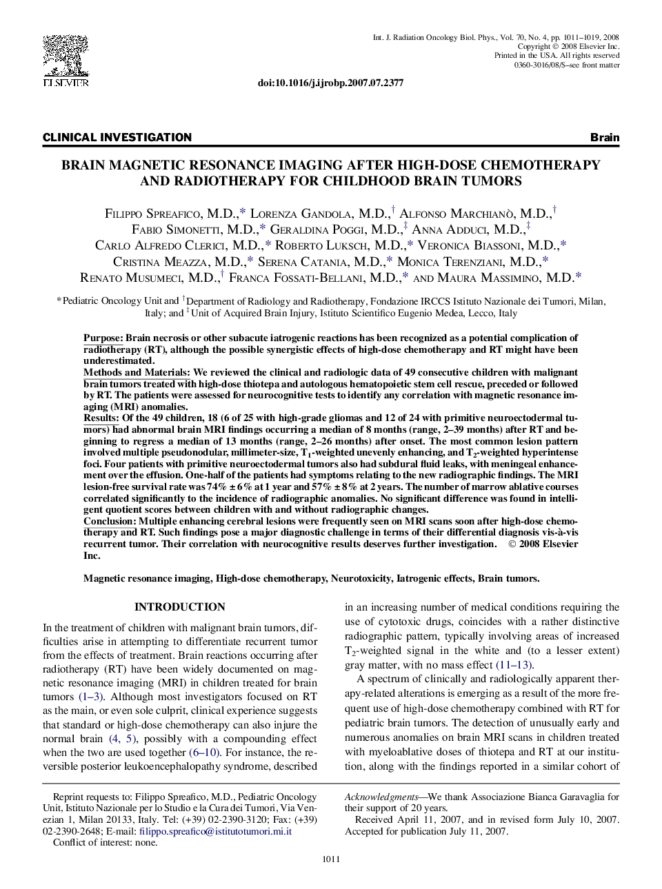 Brain Magnetic Resonance Imaging After High-Dose Chemotherapy and Radiotherapy for Childhood Brain Tumors