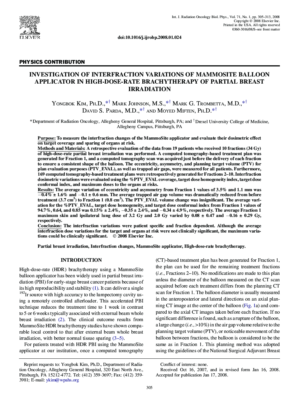 Investigation of Interfraction Variations of MammoSite Balloon Applicator in High-Dose-Rate Brachytherapy of Partial Breast Irradiation