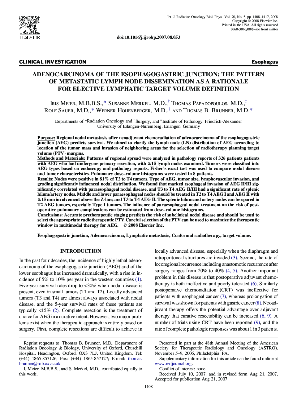 Adenocarcinoma of the Esophagogastric Junction: The Pattern of Metastatic Lymph Node Dissemination as a Rationale for Elective Lymphatic Target Volume Definition