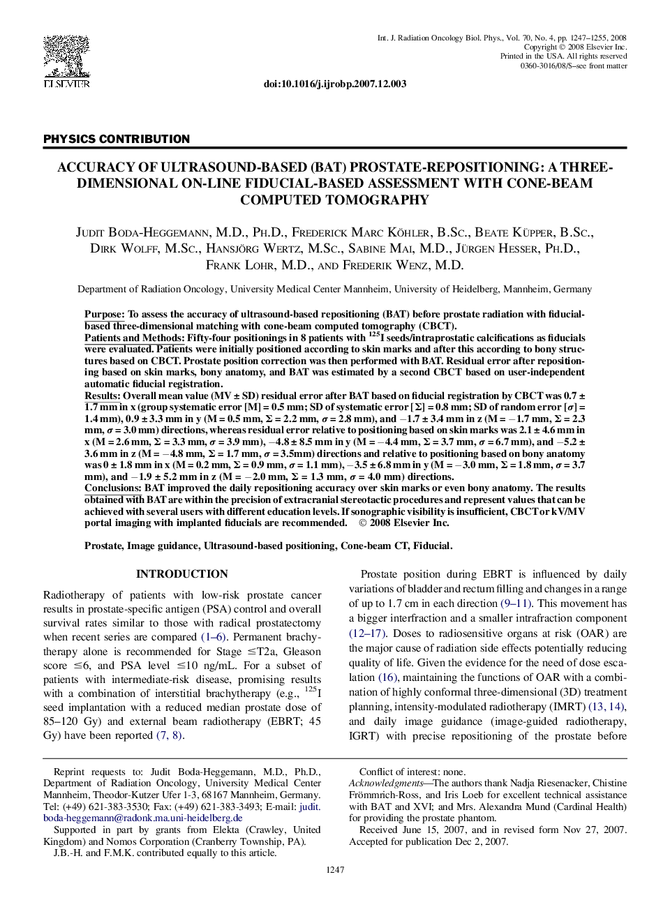 Accuracy of Ultrasound-Based (BAT) Prostate-Repositioning: A Three-Dimensional On-Line Fiducial-Based Assessment With Cone-Beam Computed Tomography