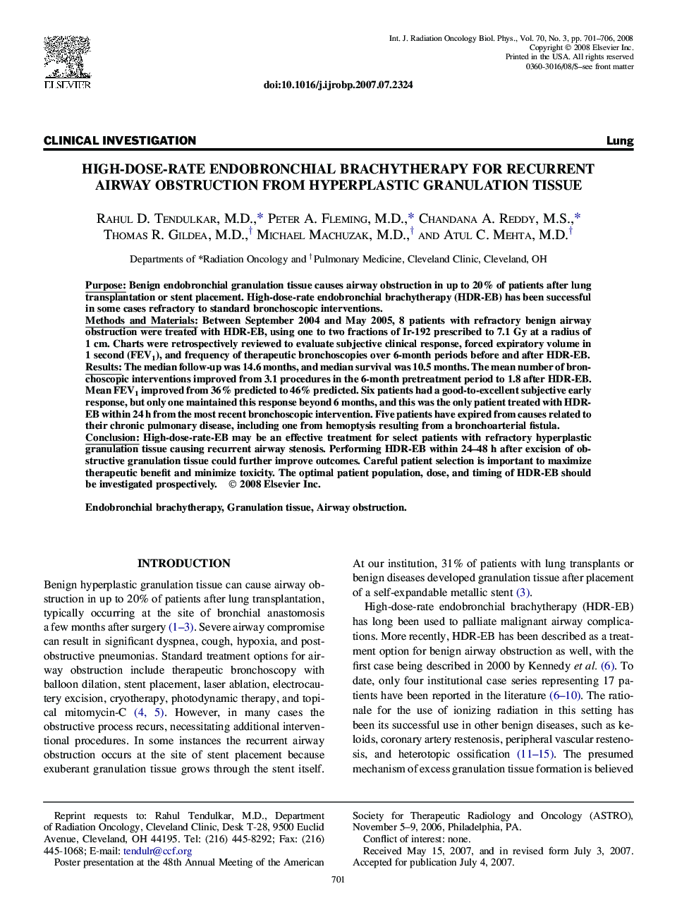 High-Dose-Rate Endobronchial Brachytherapy for Recurrent Airway Obstruction From Hyperplastic Granulation Tissue