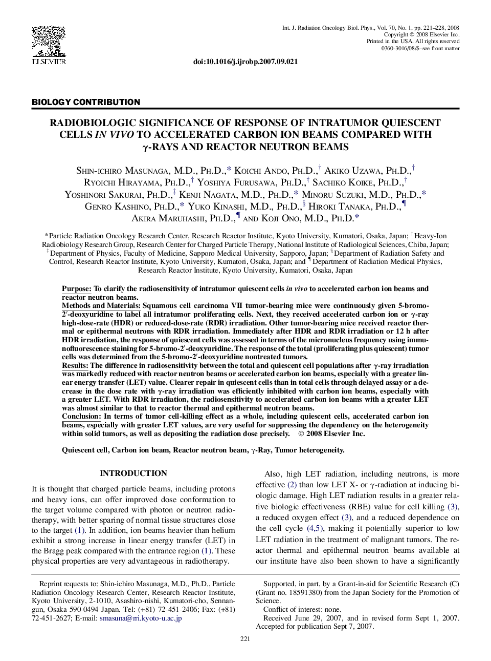 Radiobiologic Significance of Response of Intratumor Quiescent Cells In Vivo to Accelerated Carbon Ion Beams Compared With Î³-Rays and Reactor Neutron Beams