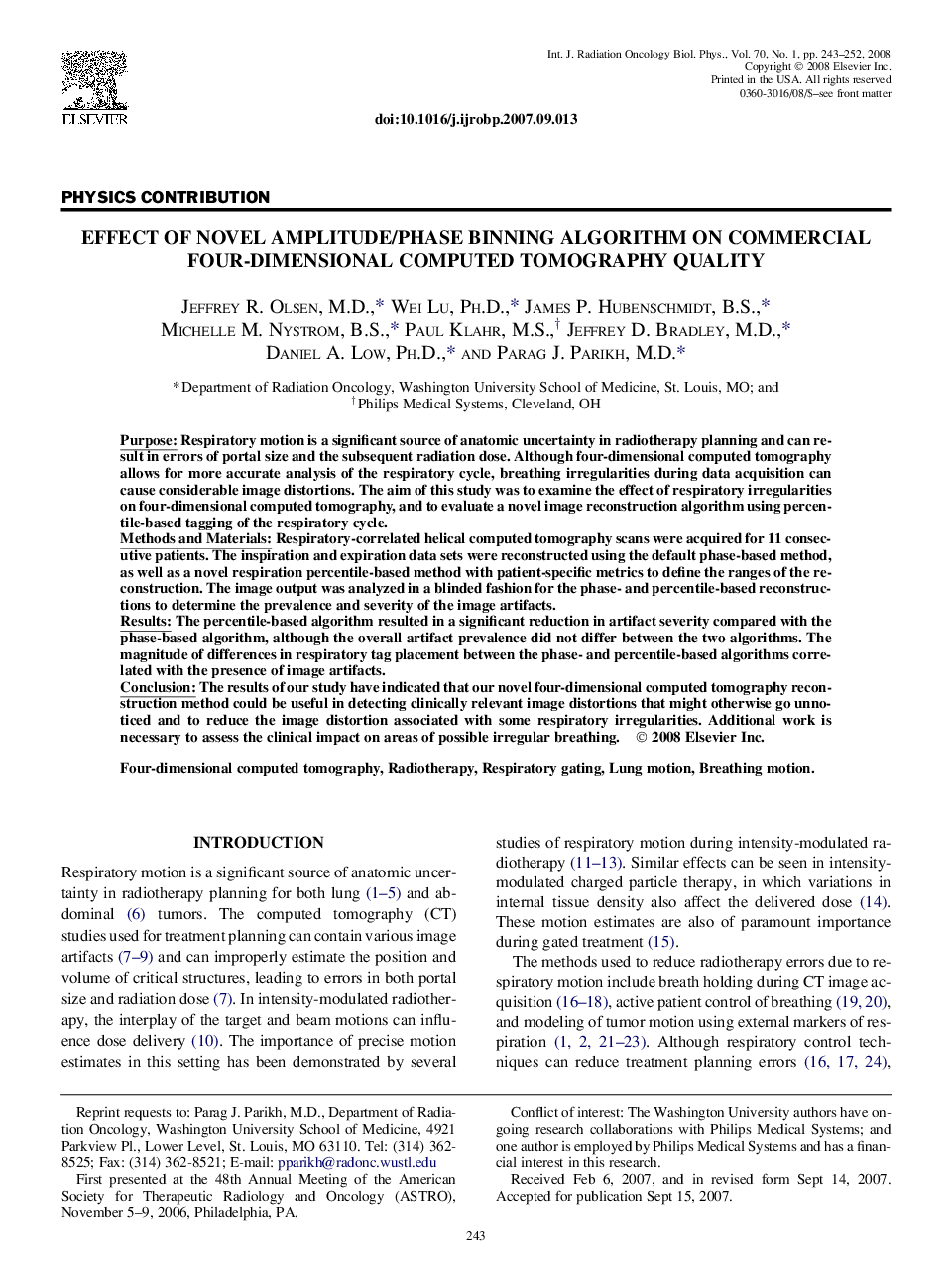 Effect of Novel Amplitude/Phase Binning Algorithm on Commercial Four-Dimensional Computed Tomography Quality