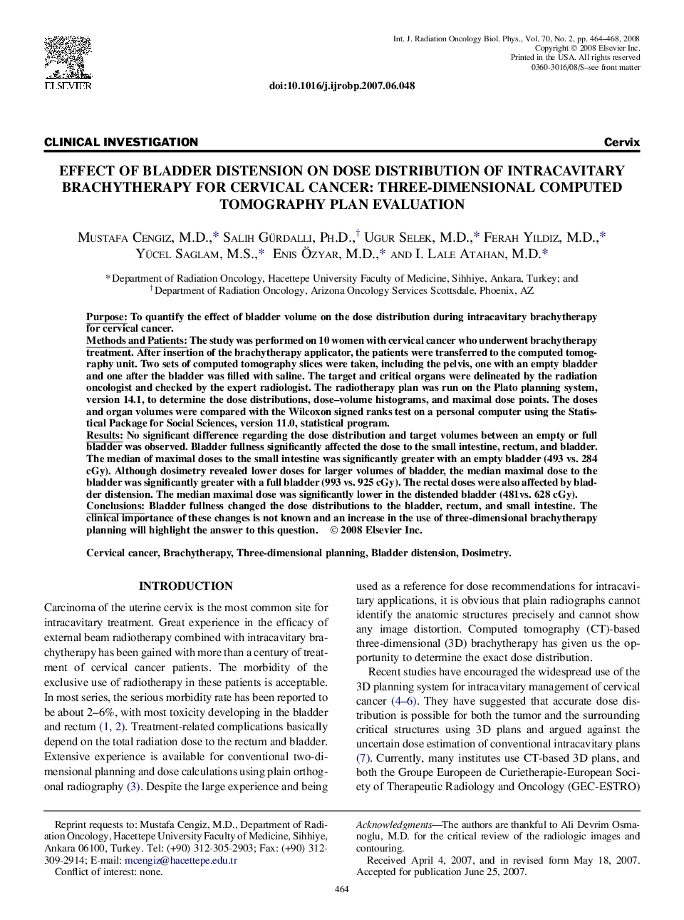 Effect of Bladder Distension on Dose Distribution of Intracavitary Brachytherapy for Cervical Cancer: Three-Dimensional Computed Tomography Plan Evaluation