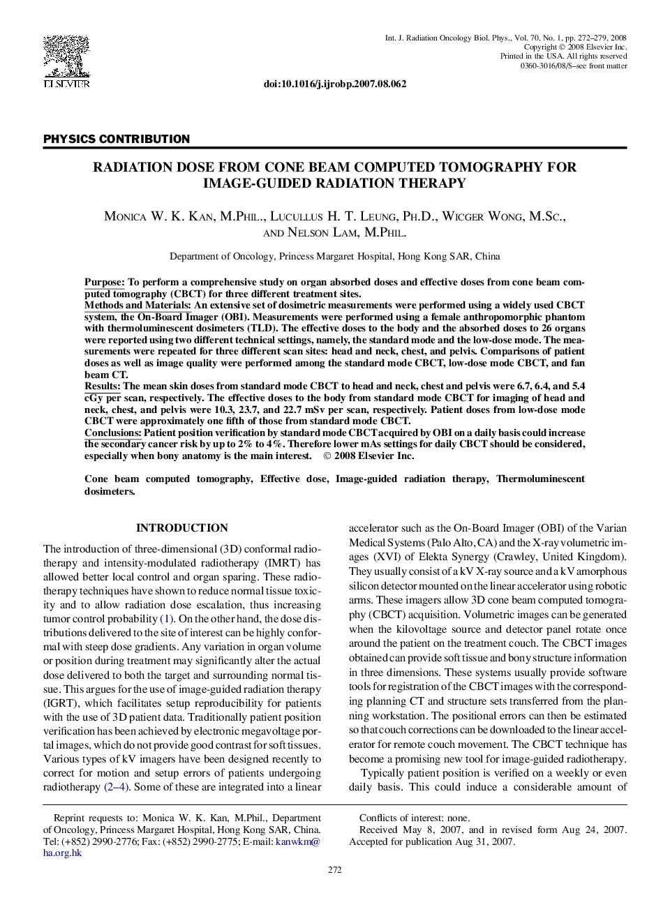 Radiation Dose From Cone Beam Computed Tomography for Image-Guided Radiation Therapy