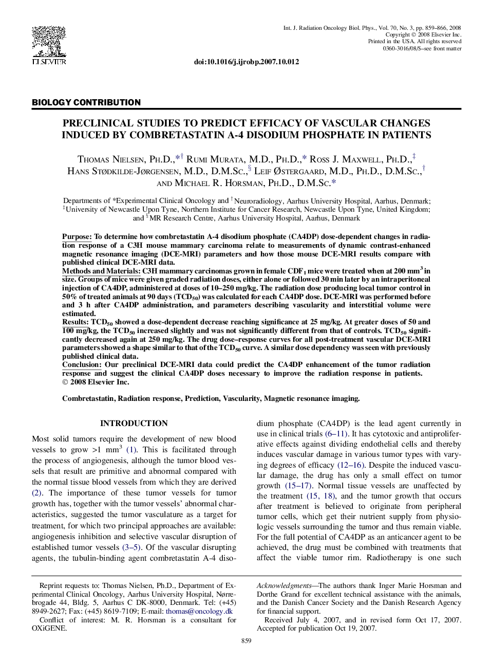 Preclinical Studies to Predict Efficacy of Vascular Changes Induced by Combretastatin A-4 Disodium Phosphate in Patients