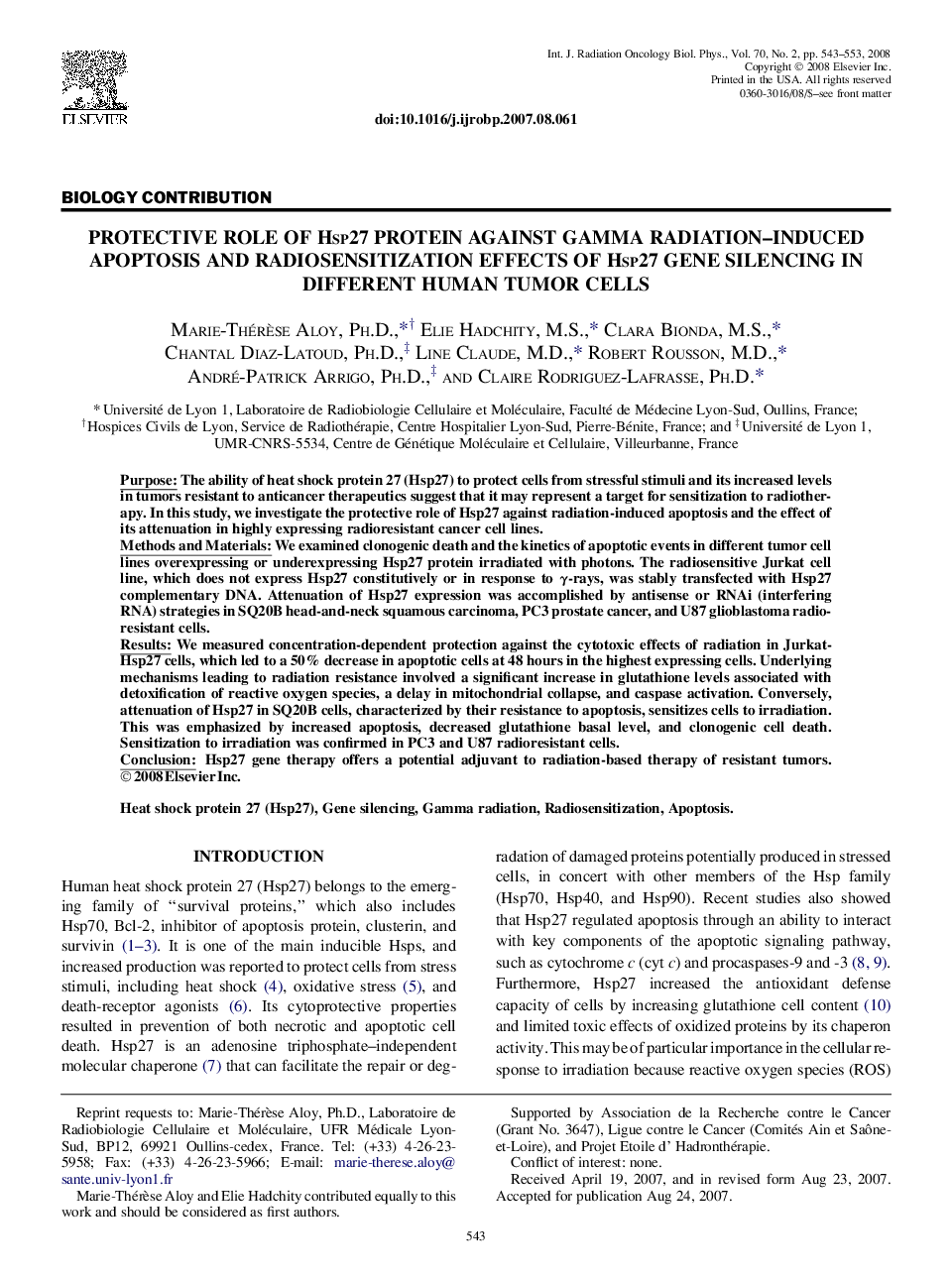 Protective Role of Hsp27 Protein Against Gamma Radiation-Induced Apoptosis and Radiosensitization Effects of Hsp27 Gene Silencing in Different Human Tumor Cells