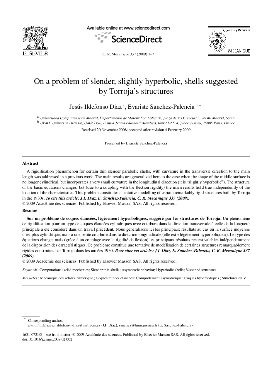 On a problem of slender, slightly hyperbolic, shells suggested by Torroja's structures