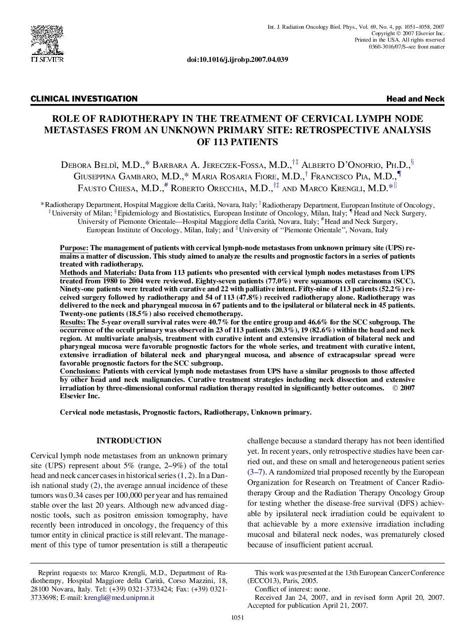 Role of Radiotherapy in the Treatment of Cervical Lymph Node Metastases From an Unknown Primary Site: Retrospective Analysis of 113 Patients