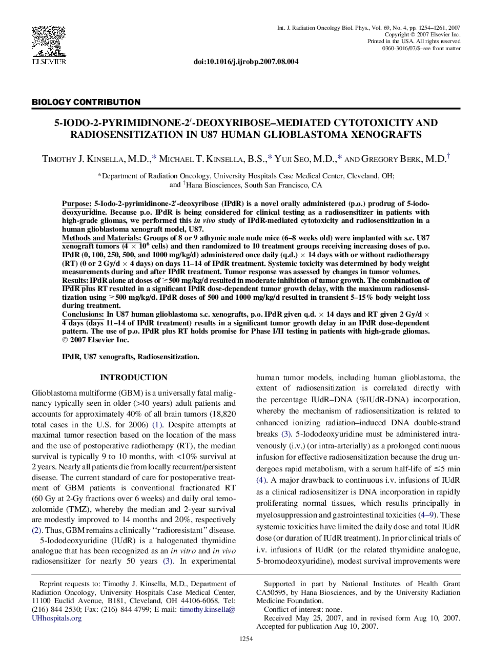 5-Iodo-2-Pyrimidinone-2â²-Deoxyribose-Mediated Cytotoxicity and Radiosensitization in U87 Human Glioblastoma Xenografts