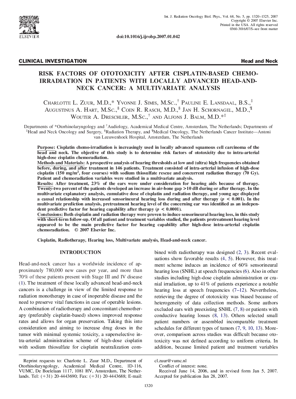 Risk Factors of Ototoxicity After Cisplatin-Based Chemo-Irradiation in Patients With Locally Advanced Head-and-Neck Cancer: A Multivariate Analysis