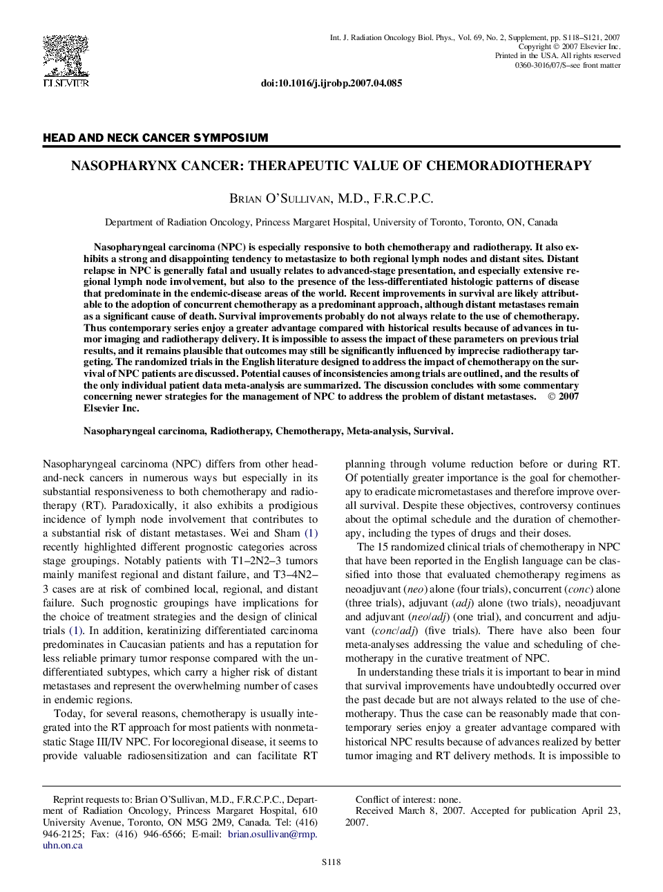 Nasopharynx Cancer: Therapeutic Value of Chemoradiotherapy