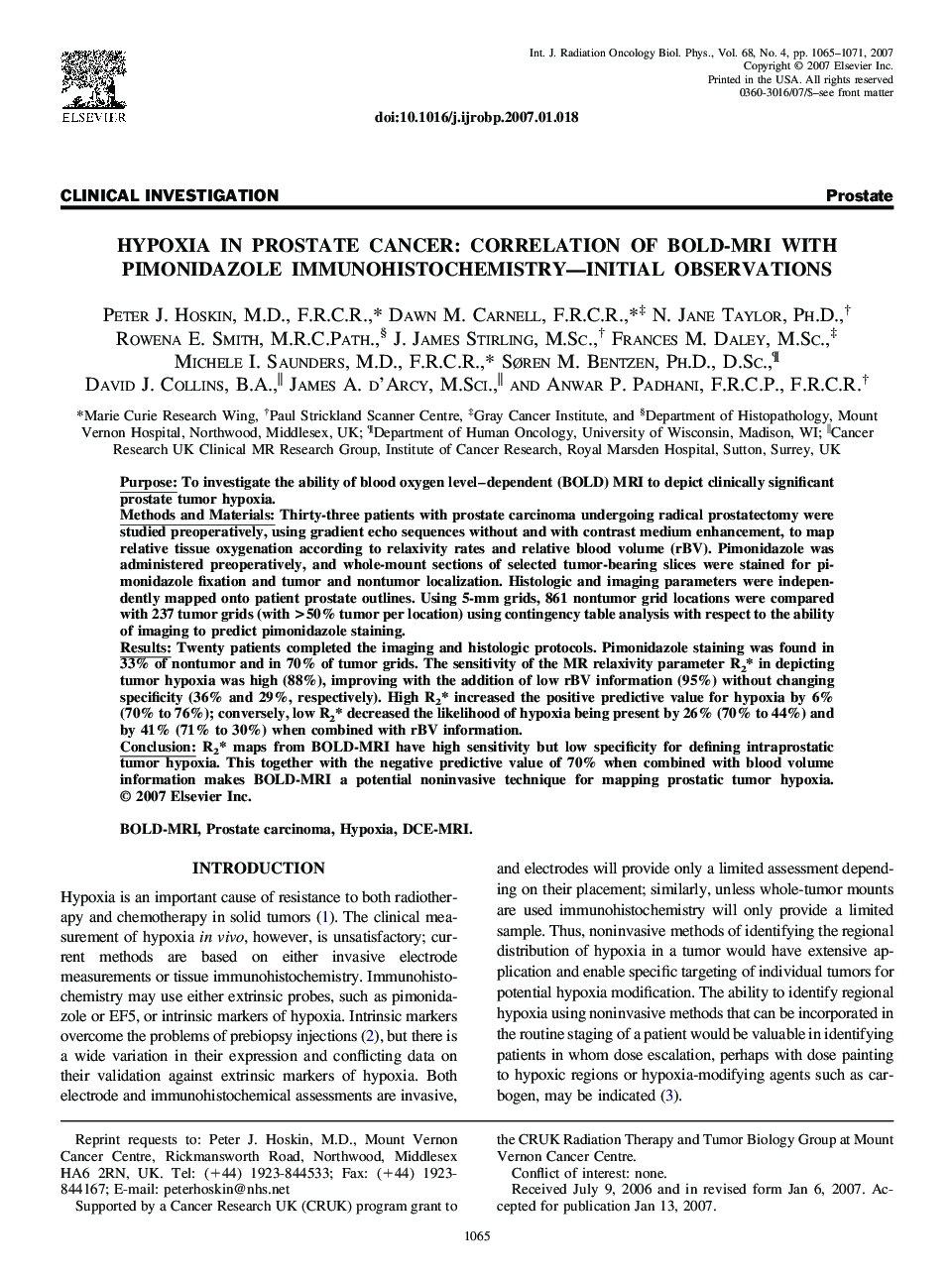 Hypoxia in Prostate Cancer: Correlation of BOLD-MRI With Pimonidazole Immunohistochemistry-Initial Observations