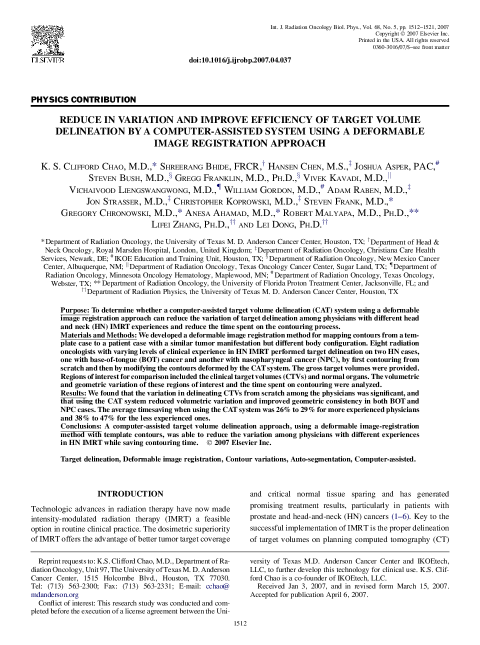 Reduce in Variation and Improve Efficiency of Target Volume Delineation by a Computer-Assisted System Using a Deformable Image Registration Approach