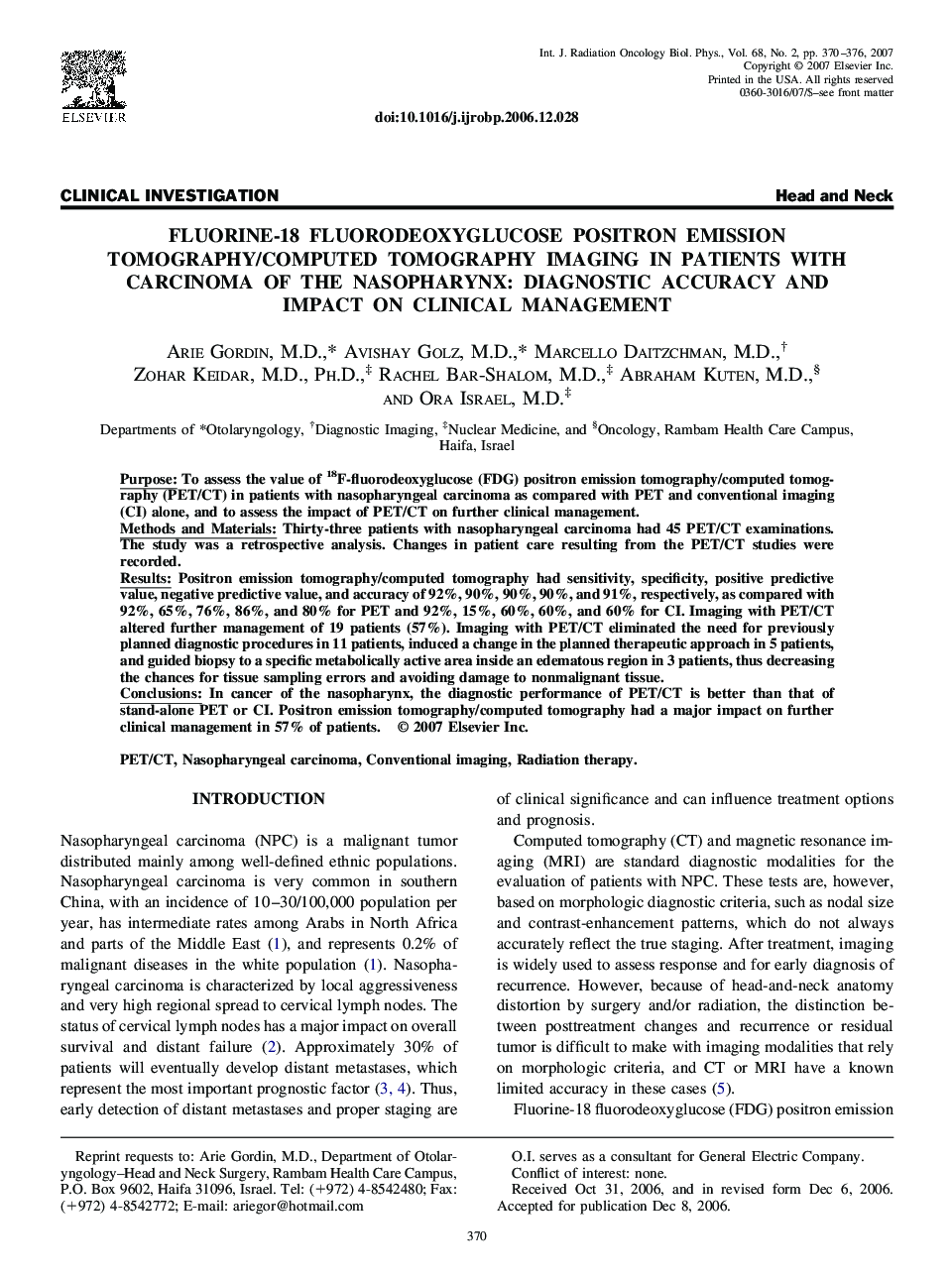 Fluorine-18 Fluorodeoxyglucose Positron Emission Tomography/Computed Tomography Imaging in Patients With Carcinoma of the Nasopharynx: Diagnostic Accuracy and Impact on Clinical Management