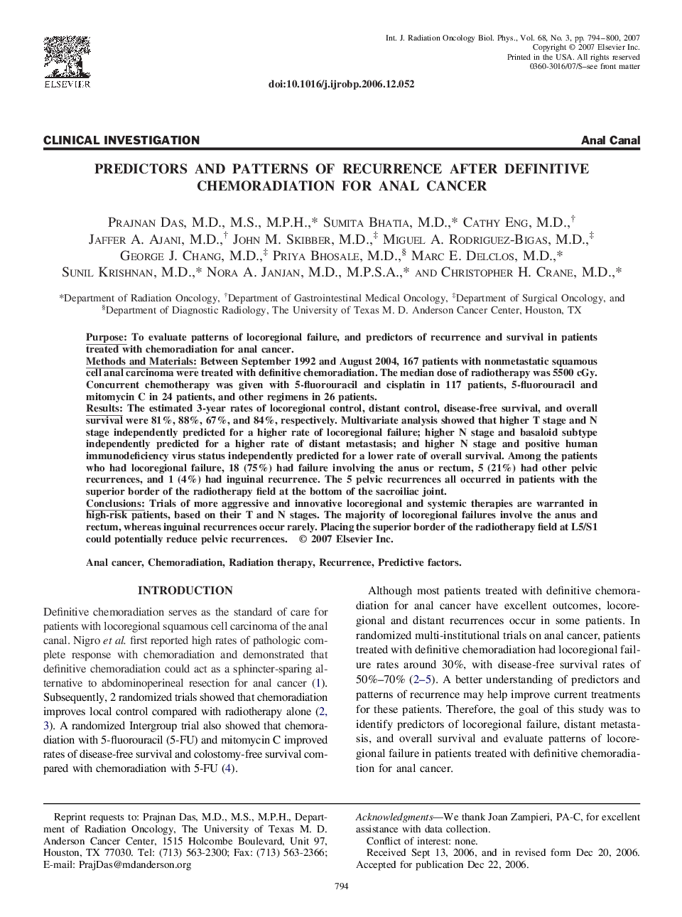 Predictors and Patterns of Recurrence After Definitive Chemoradiation for Anal Cancer