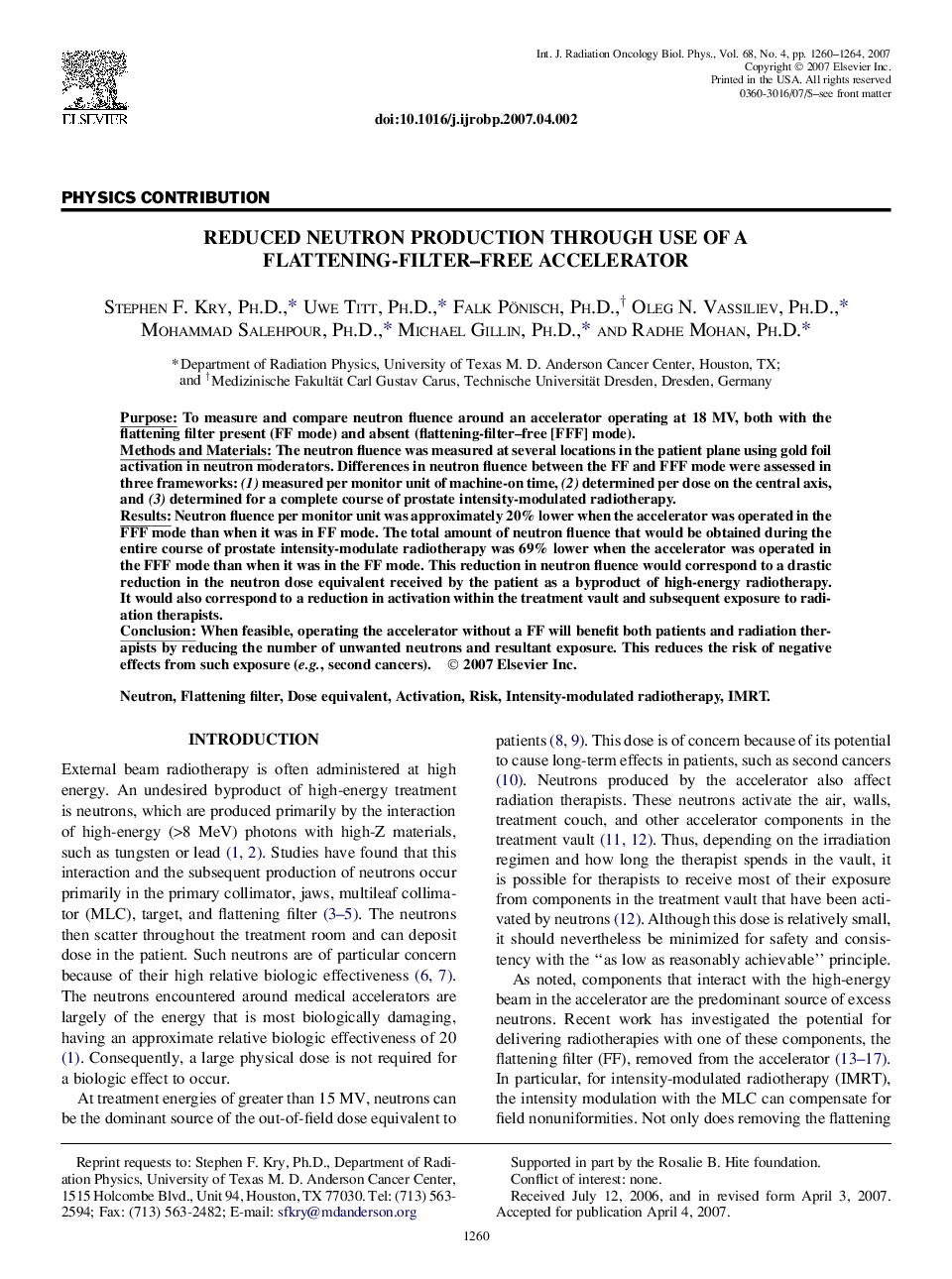 Reduced Neutron Production Through Use of a Flattening-Filter-Free Accelerator