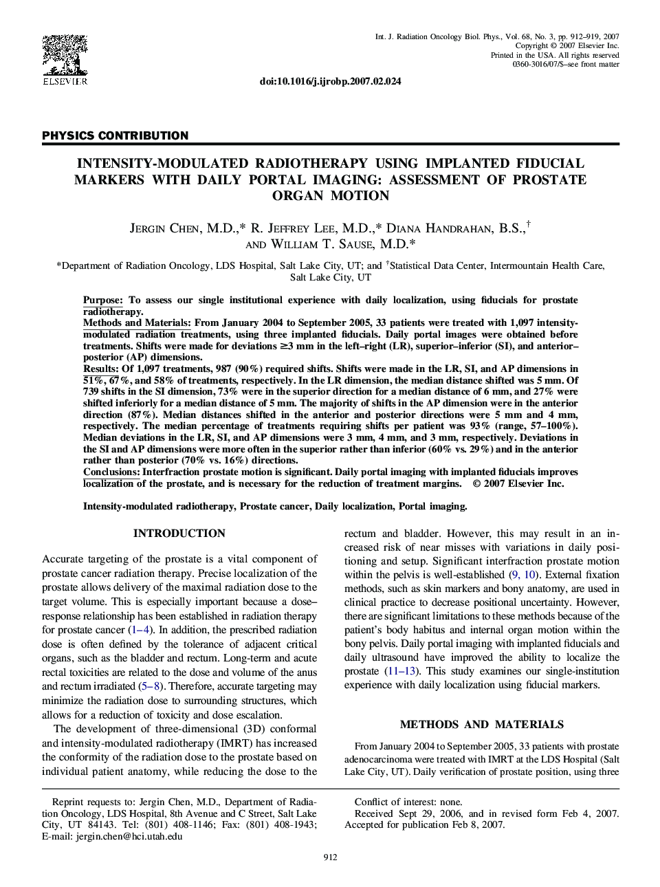 Intensity-Modulated Radiotherapy Using Implanted Fiducial Markers With Daily Portal Imaging: Assessment of Prostate Organ Motion