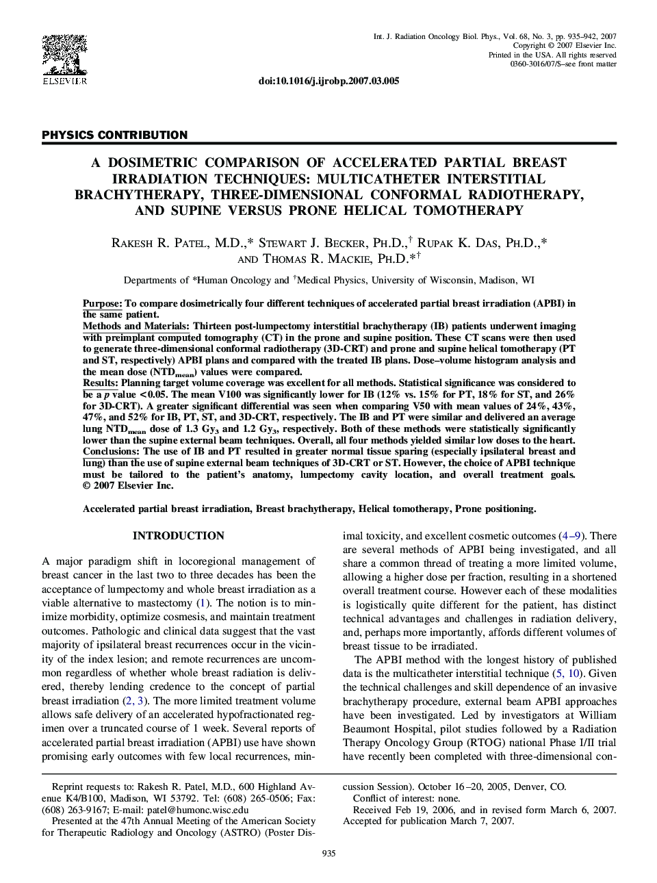 A Dosimetric Comparison of Accelerated Partial Breast Irradiation Techniques: Multicatheter Interstitial Brachytherapy, Three-Dimensional Conformal Radiotherapy, and Supine Versus Prone Helical Tomotherapy