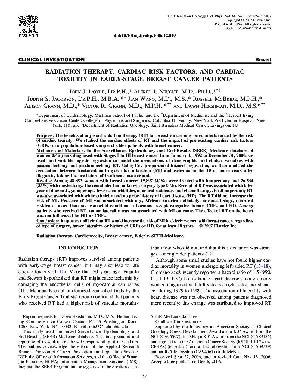 عکس صفحه اول مقاله: Radiation Therapy, Cardiac Risk Factors, and Cardiac Toxicity in Early-Stage Breast Cancer Patients Radiation Therapy, Cardiac Risk Factors, and Cardiac Toxicity in Early-Stage Breast Cancer Patients