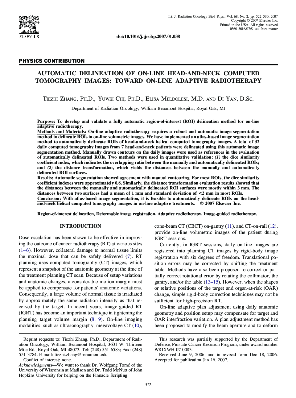 Automatic Delineation of On-Line Head-And-Neck Computed Tomography Images: Toward On-Line Adaptive Radiotherapy