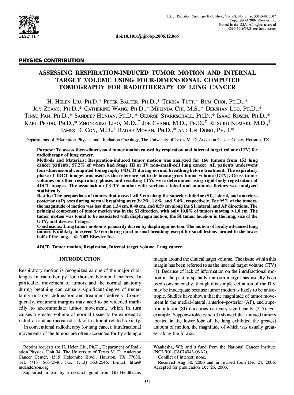 Assessing Respiration-Induced Tumor Motion and Internal Target Volume Using Four-Dimensional Computed Tomography for Radiotherapy of Lung Cancer