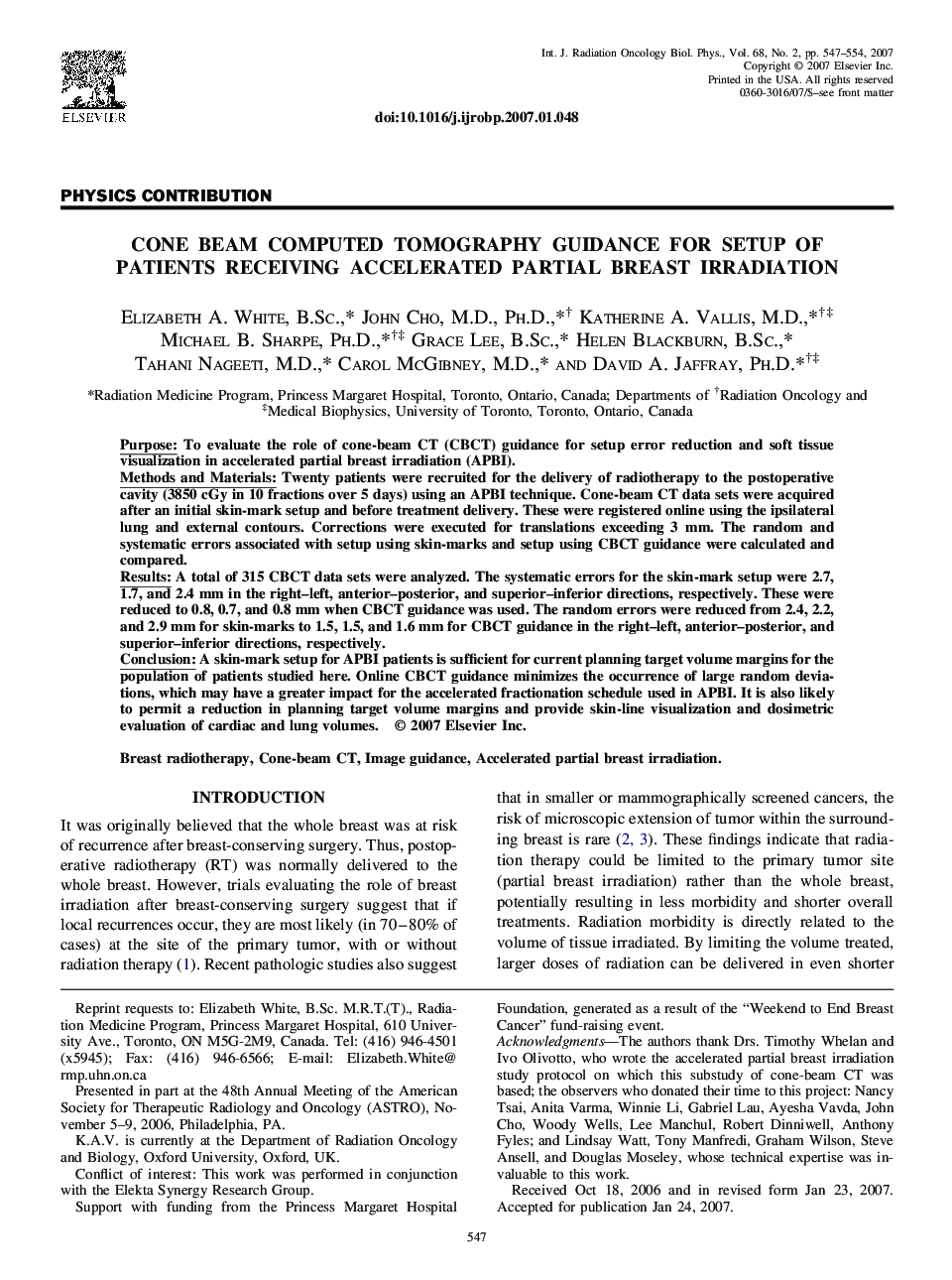 Cone Beam Computed Tomography Guidance for Setup of Patients Receiving Accelerated Partial Breast Irradiation