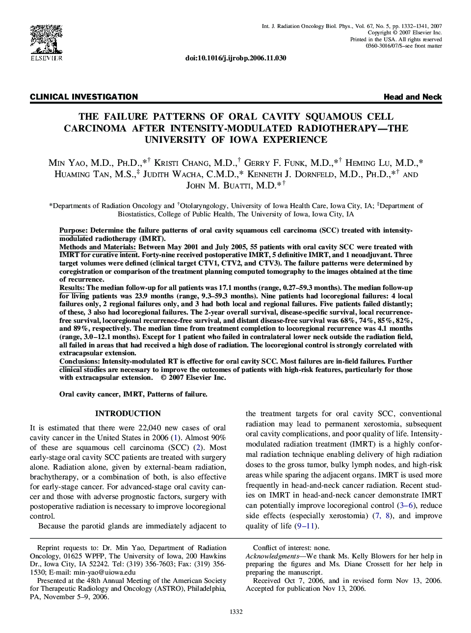 The Failure Patterns of Oral Cavity Squamous Cell Carcinoma After Intensity-Modulated Radiotherapy-The University of Iowa Experience