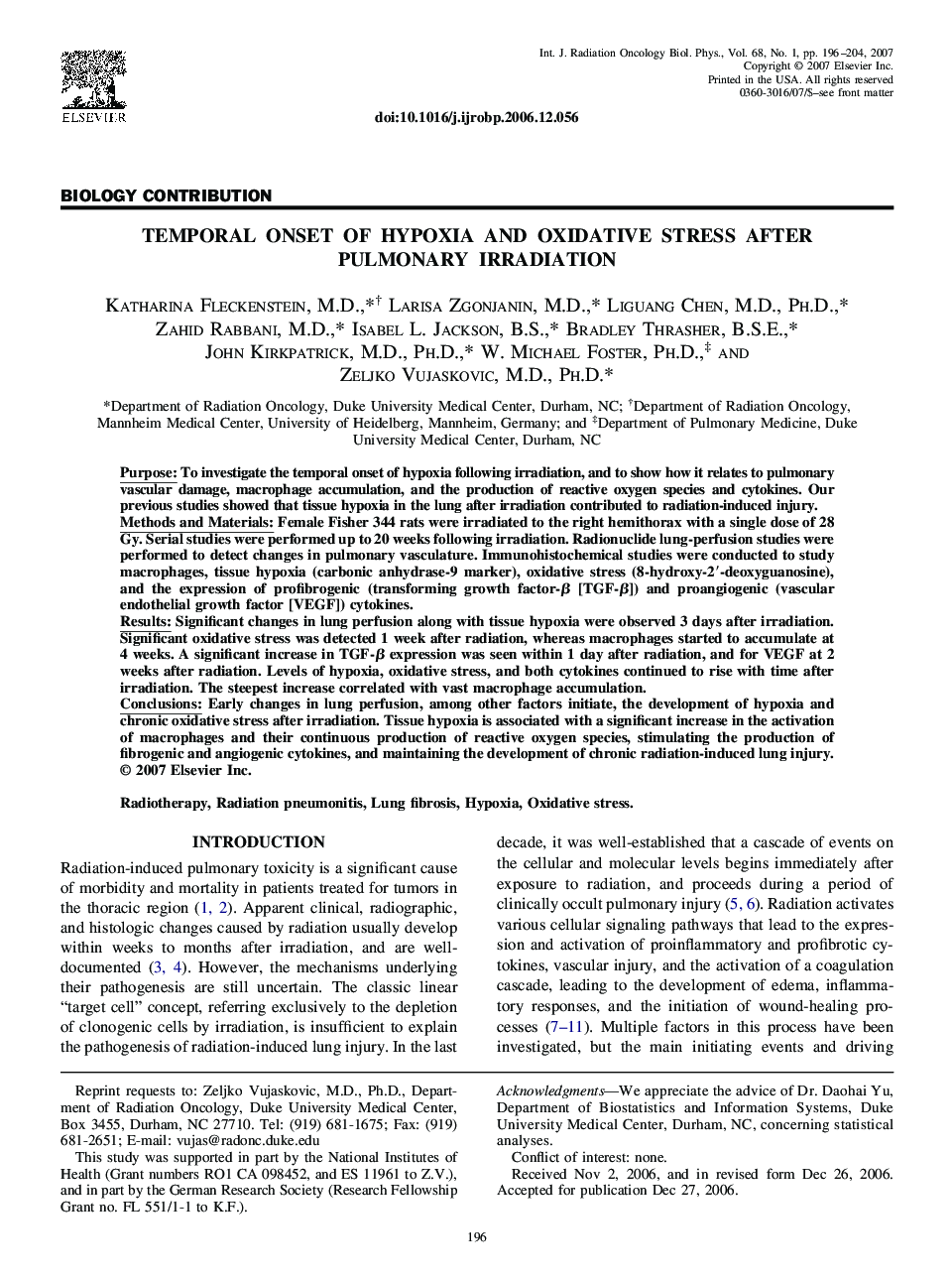 Temporal Onset of Hypoxia and Oxidative Stress After Pulmonary Irradiation