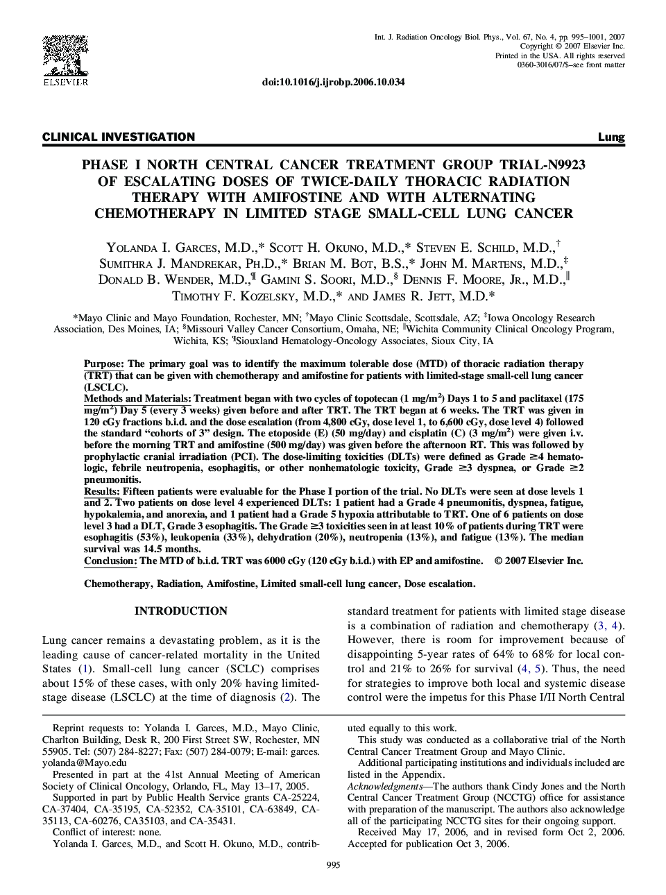 عکس صفحه اول مقاله: Phase I North Central Cancer Treatment Group Trial-N9923 of escalating doses of twice-daily thoracic radiation therapy with amifostine and with alternating chemotherapy in limited stage small-cell lung cancer Phase I North Central Cancer Treatment Group Trial-N9923 of escalating doses of twice-daily thoracic radiation therapy with amifostine and with alternating chemotherapy in limited stage small-cell lung cancer