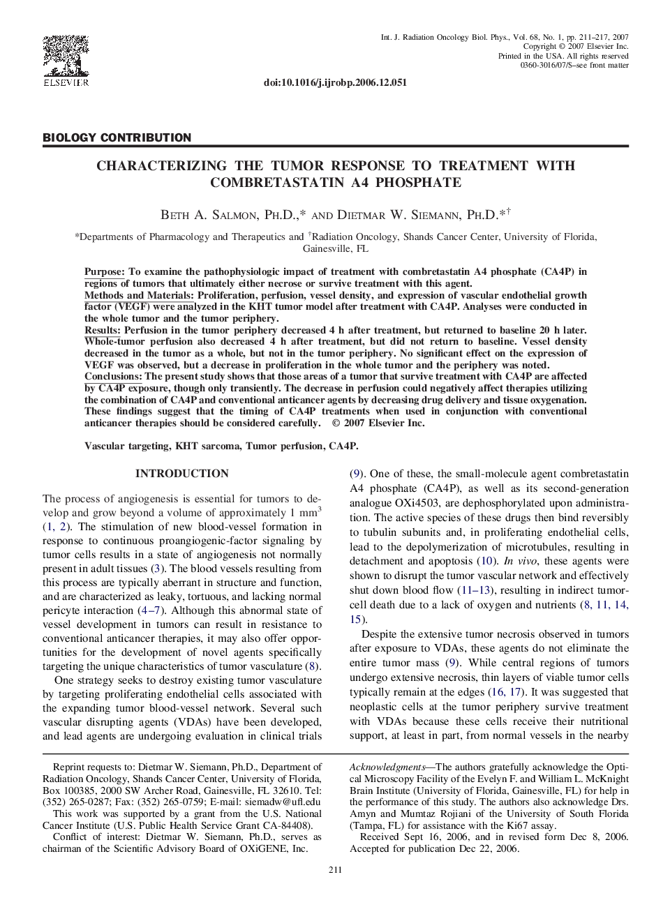 Characterizing the Tumor Response to Treatment With Combretastatin A4 Phosphate