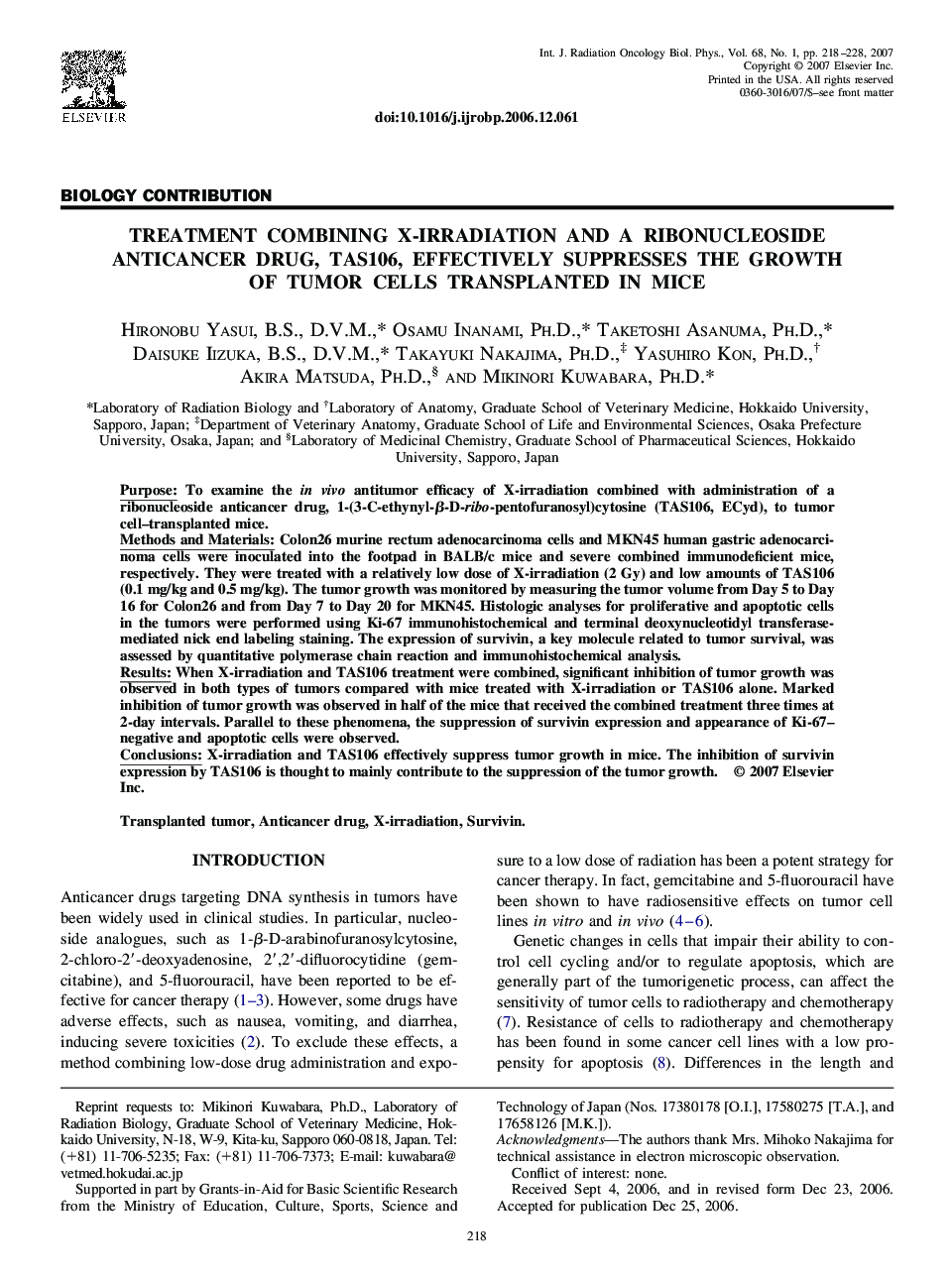 Treatment Combining X-Irradiation and a Ribonucleoside Anticancer Drug, TAS106, Effectively Suppresses the Growth of Tumor Cells Transplanted in Mice