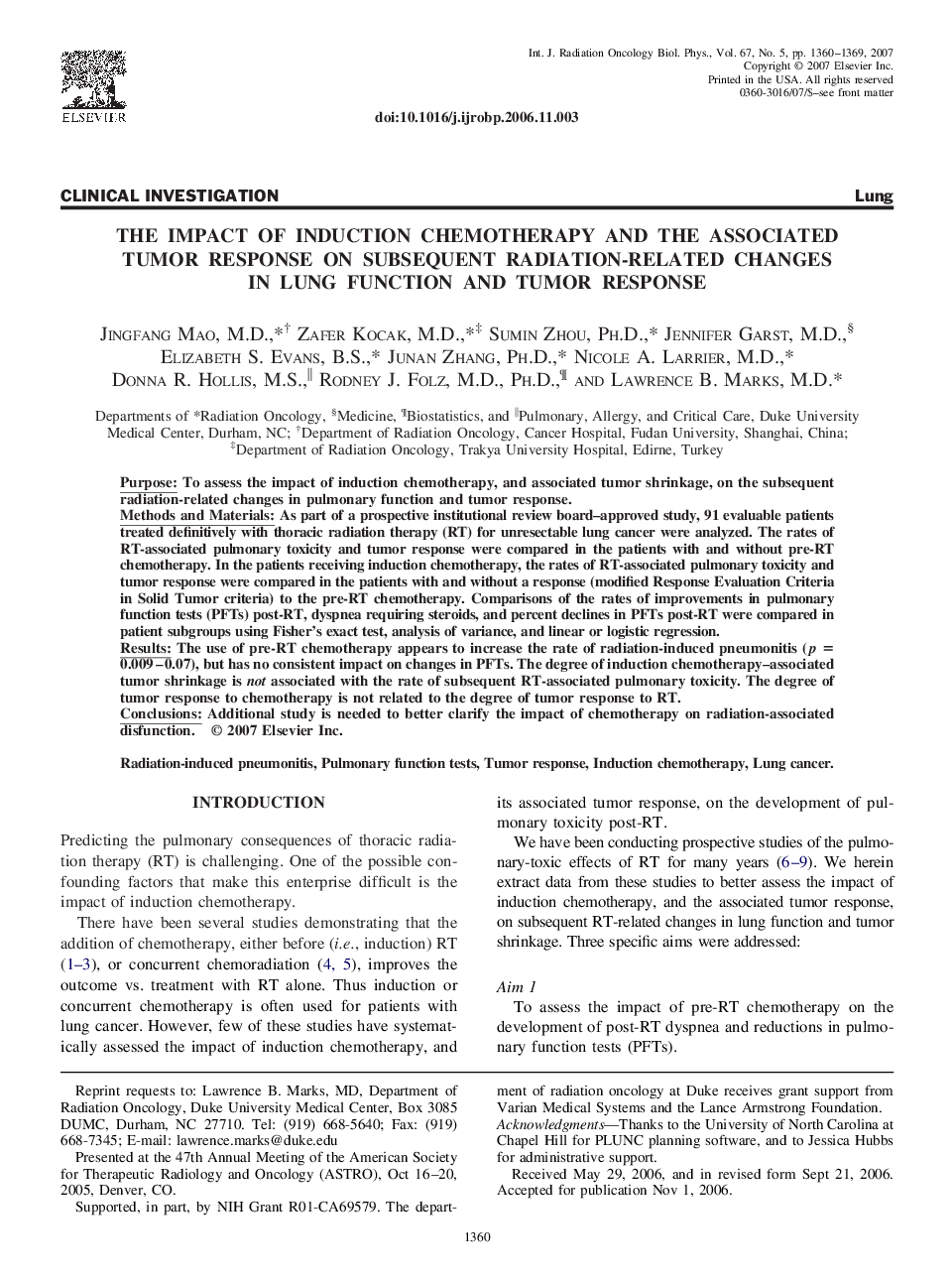 The Impact of Induction Chemotherapy and the Associated Tumor Response on Subsequent Radiation-Related Changes in Lung Function and Tumor Response