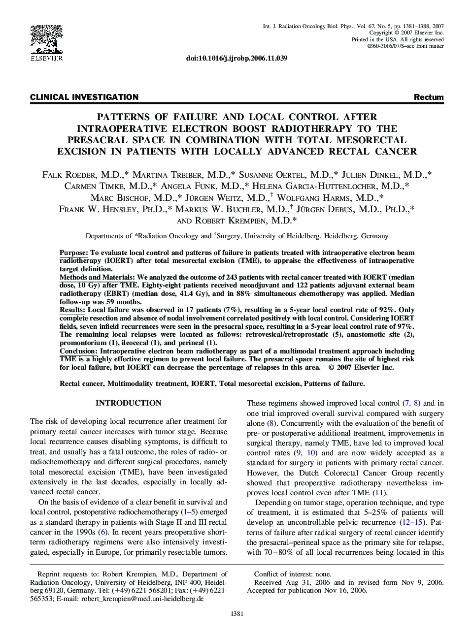 Patterns of Failure and Local Control After Intraoperative Electron Boost Radiotherapy to the Presacral Space in Combination with Total Mesorectal Excision in Patients with Locally Advanced Rectal Cancer