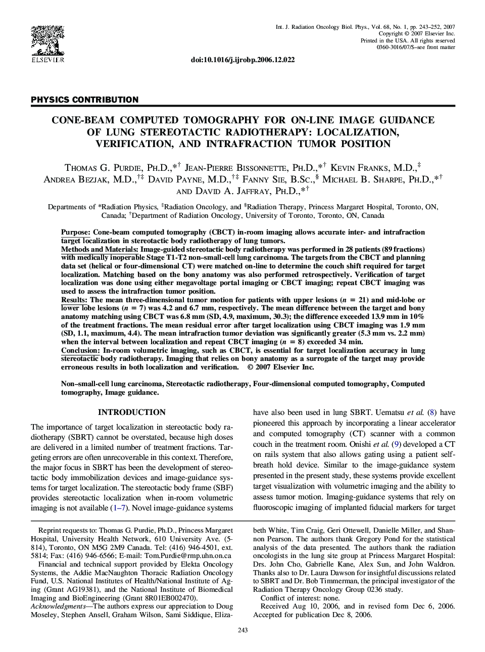 Cone-Beam Computed Tomography for On-Line Image Guidance of Lung Stereotactic Radiotherapy: Localization, Verification, and Intrafraction Tumor Position