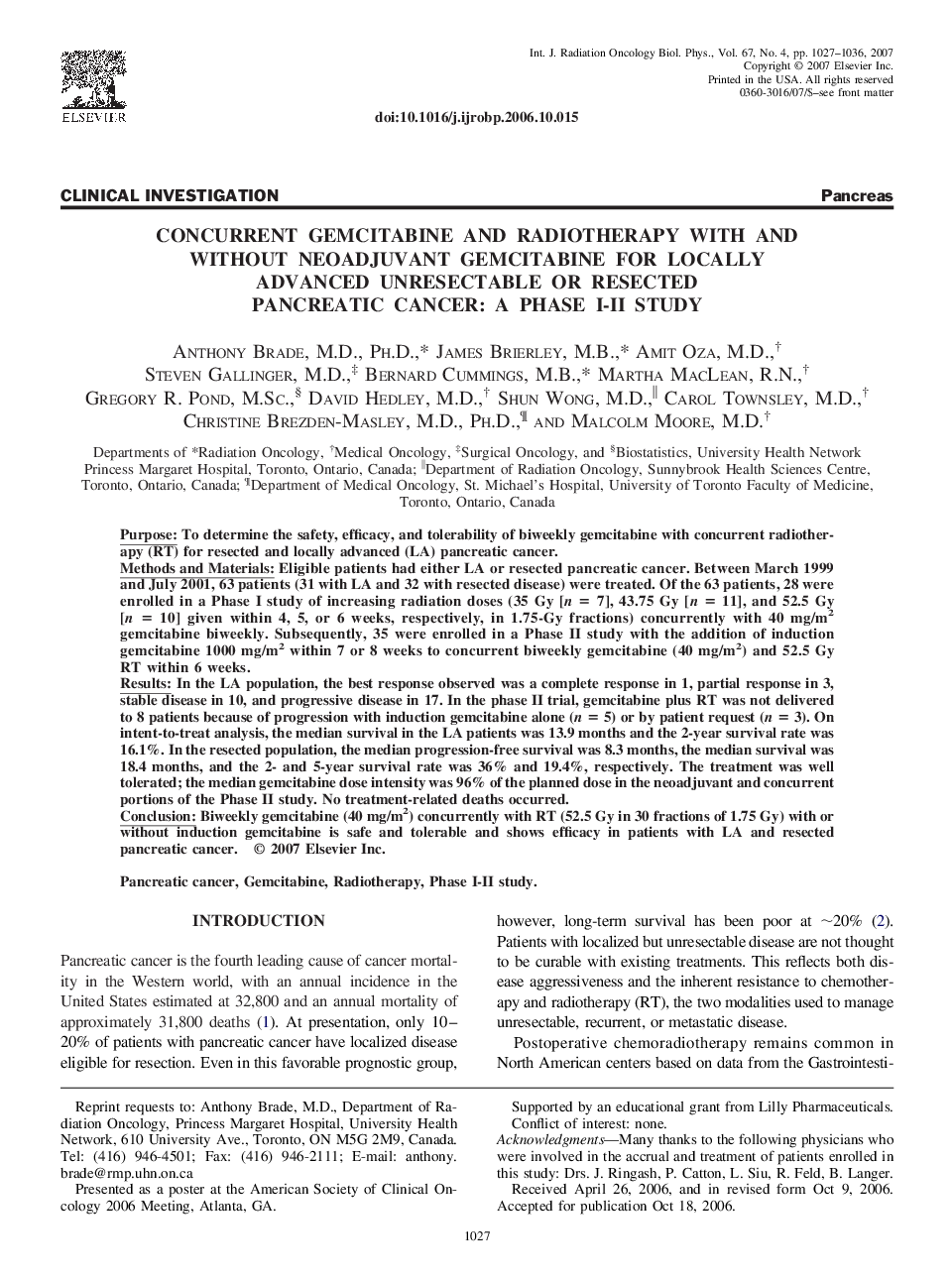 عکس صفحه اول مقاله: Concurrent gemcitabine and radiotherapy with and without neoadjuvant gemcitabine for locally advanced unresectable or resected pancreatic cancer: A phase I-II study Concurrent gemcitabine and radiotherapy with and without neoadjuvant gemcitabine for locally advanced unresectable or resected pancreatic cancer: A phase I-II study