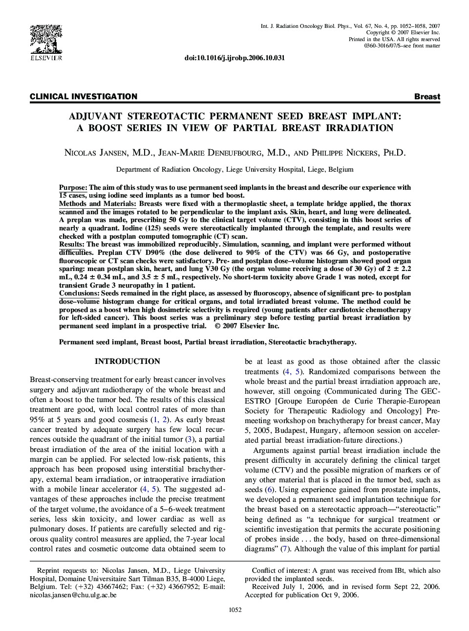 Adjuvant stereotactic permanent seed breast implant: A boost series in view of partial breast irradiation