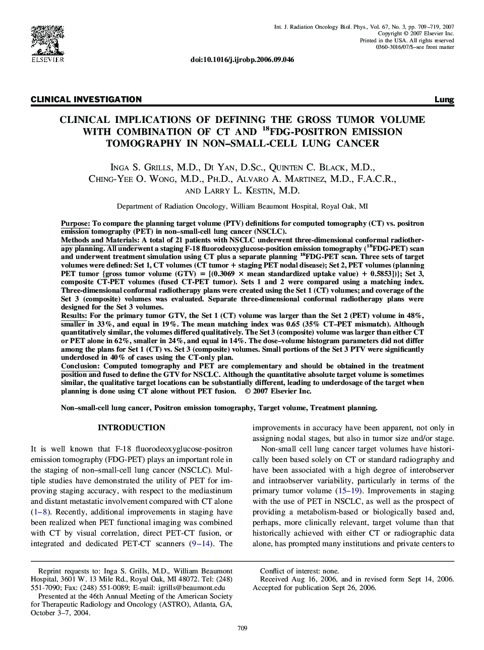 Clinical implications of defining the gross tumor volume with combination of CT and 18FDG-positron emission tomography in non-small-cell lung cancer