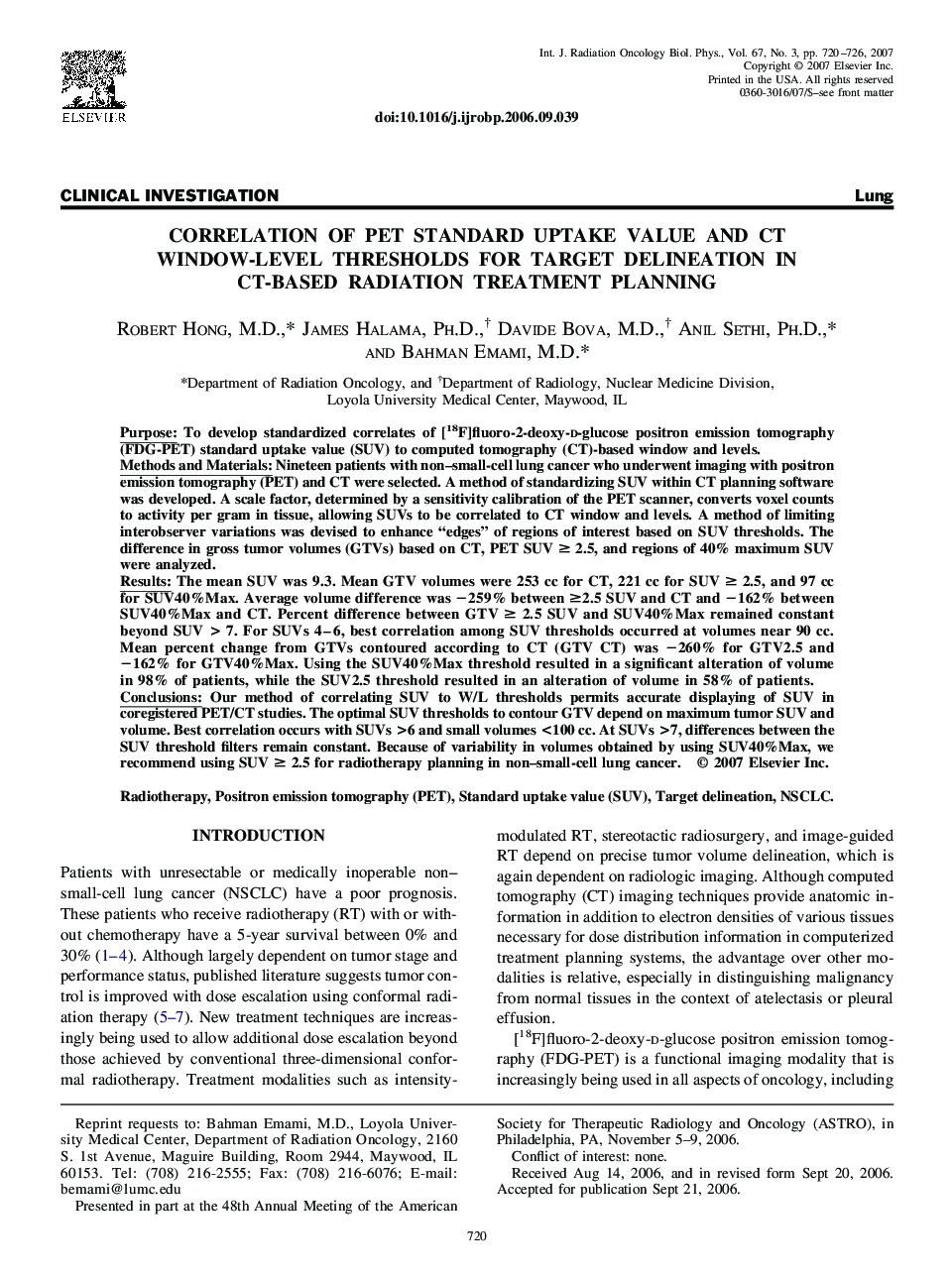 Correlation of PET standard uptake value and CT window-level thresholds for target delineation in CT-based radiation treatment planning