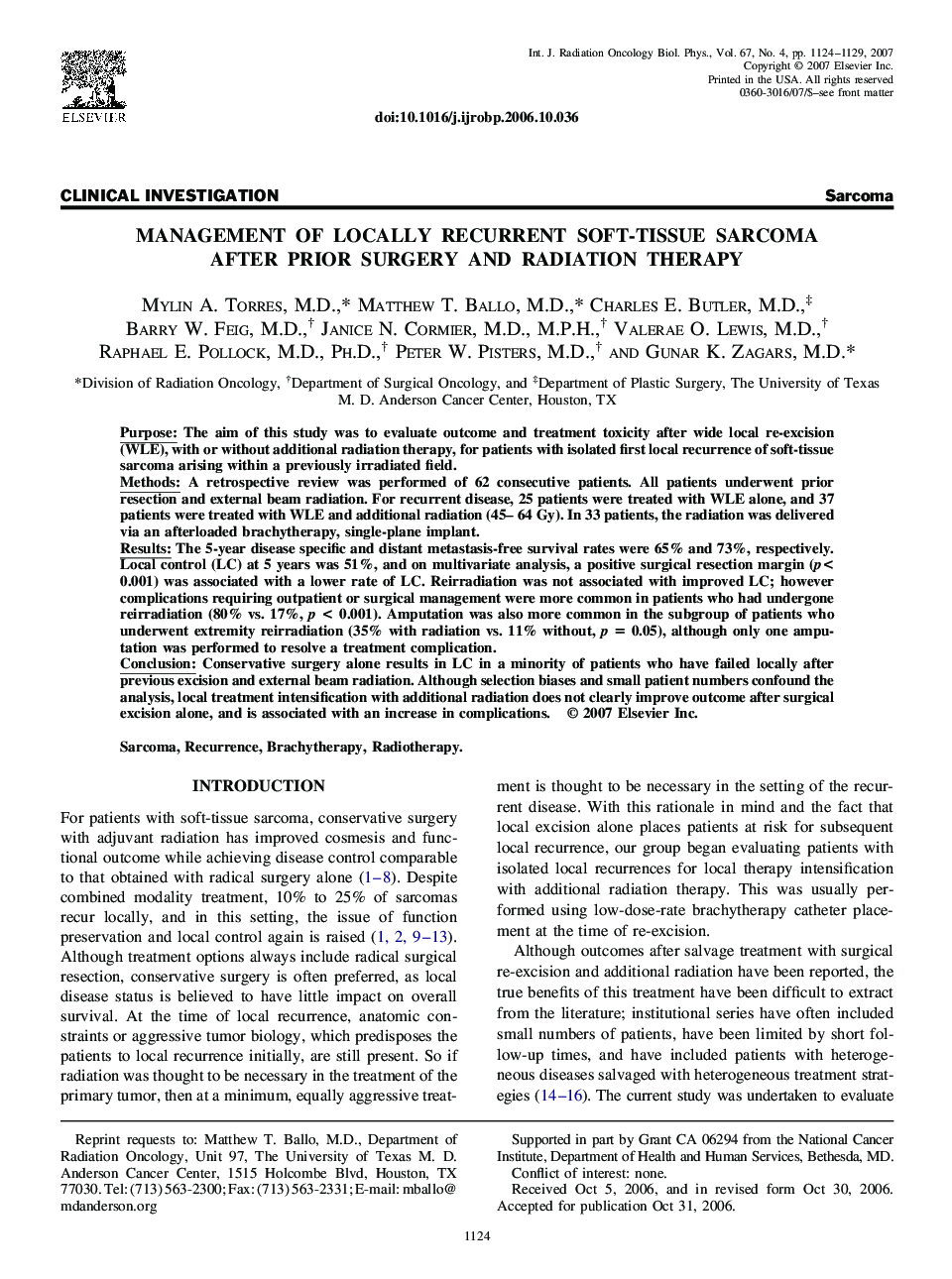 عکس صفحه اول مقاله: Management of locally recurrent soft-tissue sarcoma after prior surgery and radiation therapy Management of locally recurrent soft-tissue sarcoma after prior surgery and radiation therapy