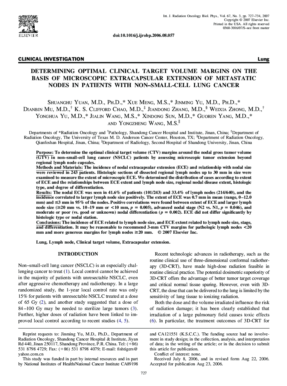 Determining optimal clinical target volume margins on the basis of microscopic extracapsular extension of metastatic nodes in patients with non-small-cell lung cancer