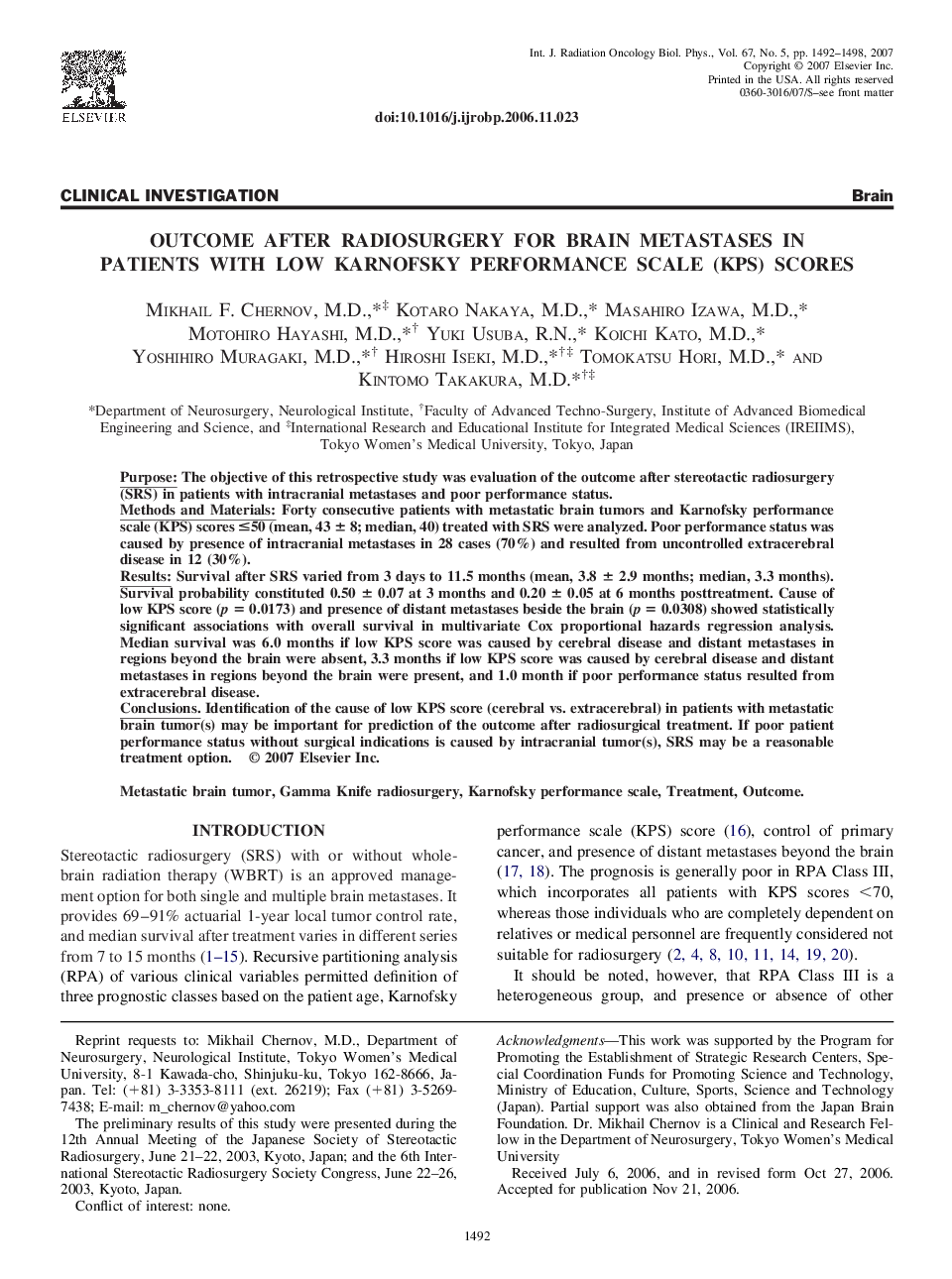 Outcome After Radiosurgery for Brain Metastases in Patients With Low Karnofsky Performance Scale (KPS) Scores