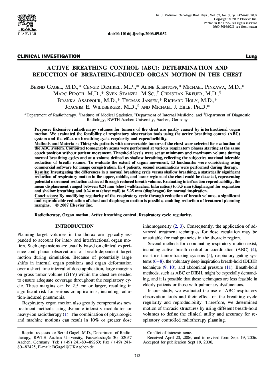 Active breathing control (ABC): Determination and reduction of breathing-induced organ motion in the chest