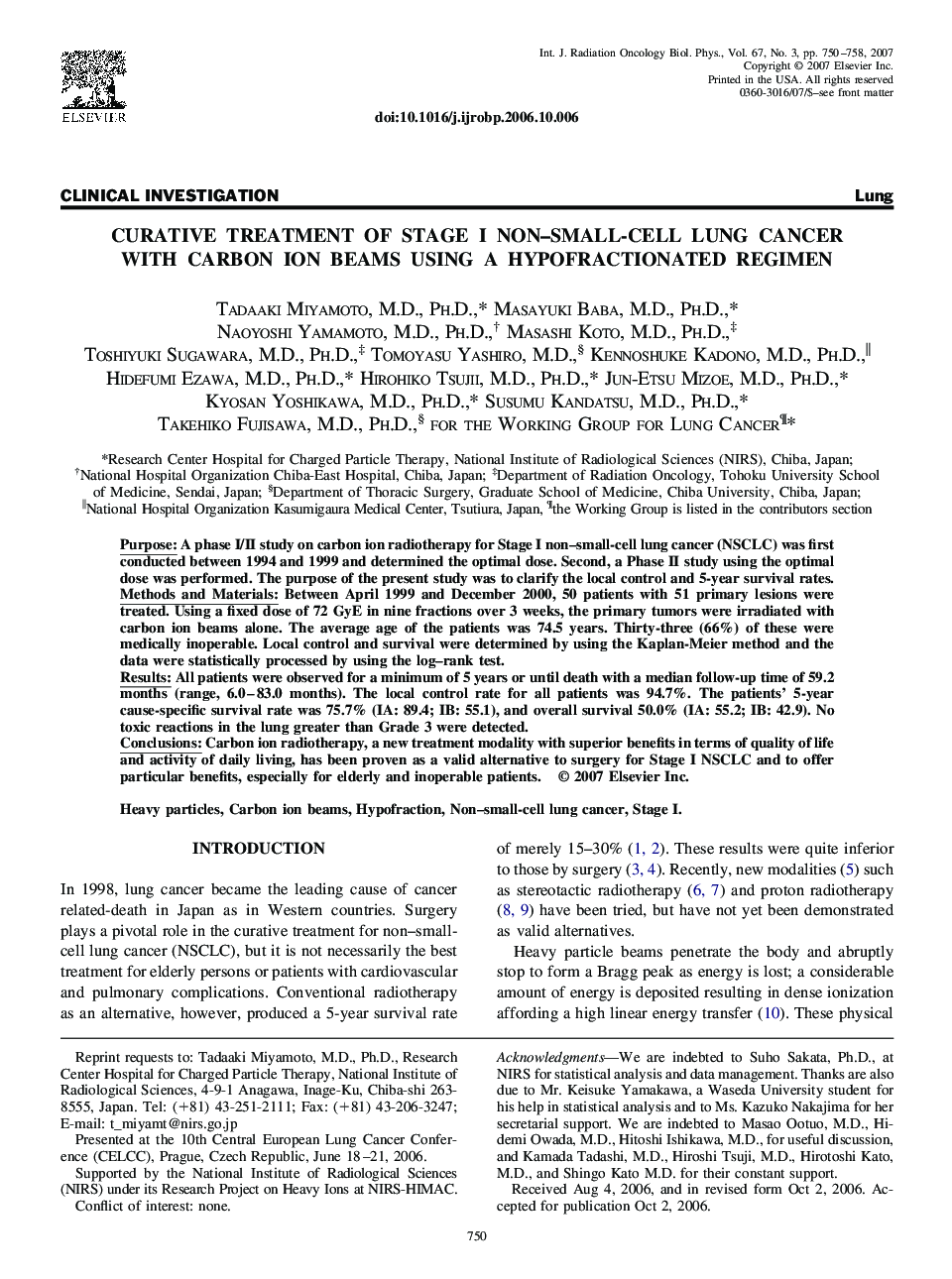 Curative treatment of Stage I non-small-cell lung cancer with carbon ion beams using a hypofractionated regimen