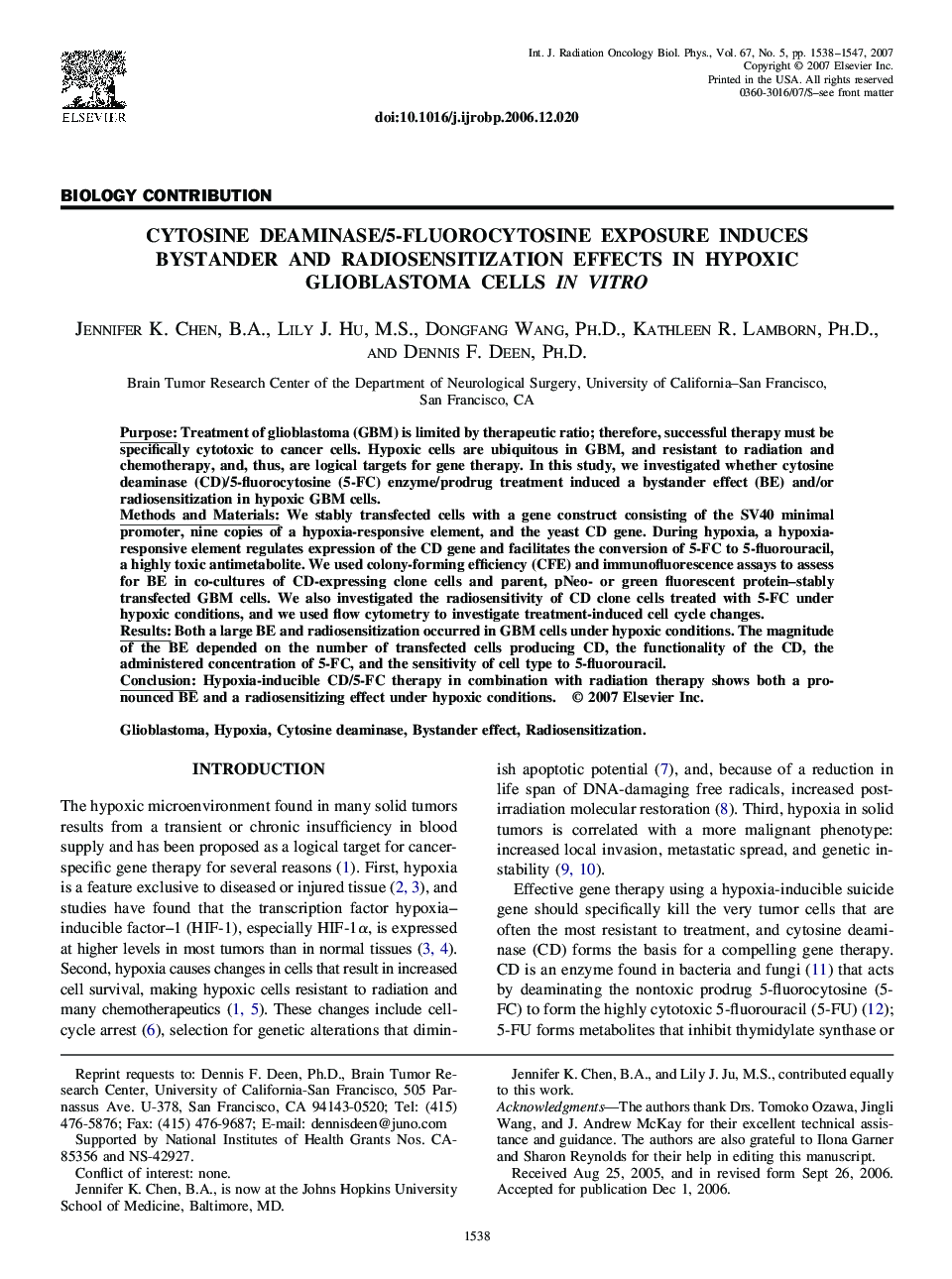 Cytosine Deaminase/5-Fluorocytosine Exposure Induces Bystander and Radiosensitization Effects in Hypoxic Glioblastoma Cells in vitro