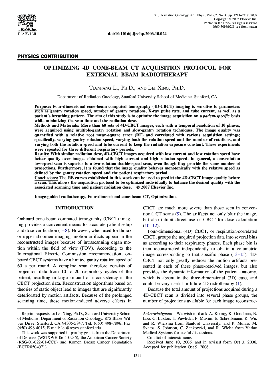 عکس صفحه اول مقاله: Optimizing 4D cone-beam CT acquisition protocol for external beam radiotherapy Optimizing 4D cone-beam CT acquisition protocol for external beam radiotherapy