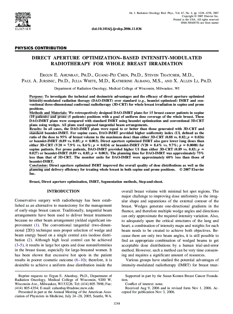 Direct aperture optimization-based intensity-modulated radiotherapy for whole breast irradiation