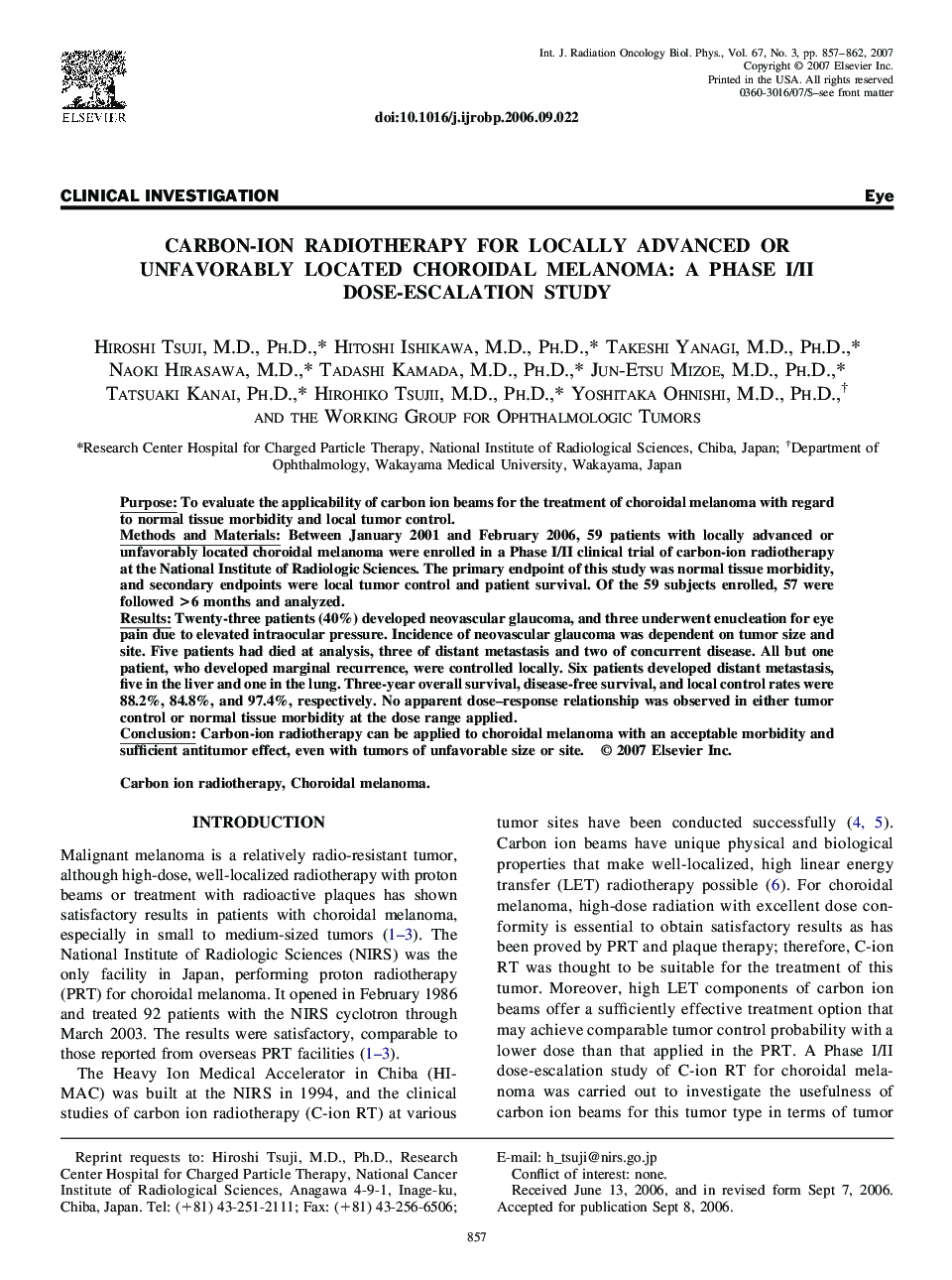 Carbon-ion radiotherapy for locally advanced or unfavorably located choroidal melanoma: A Phase I/II dose-escalation study